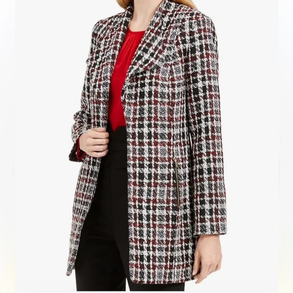 Calvin Klein Women's Plus Tweed Plaid Topper
Jacket Black/Burg Size 18W - Picture 1 of 11